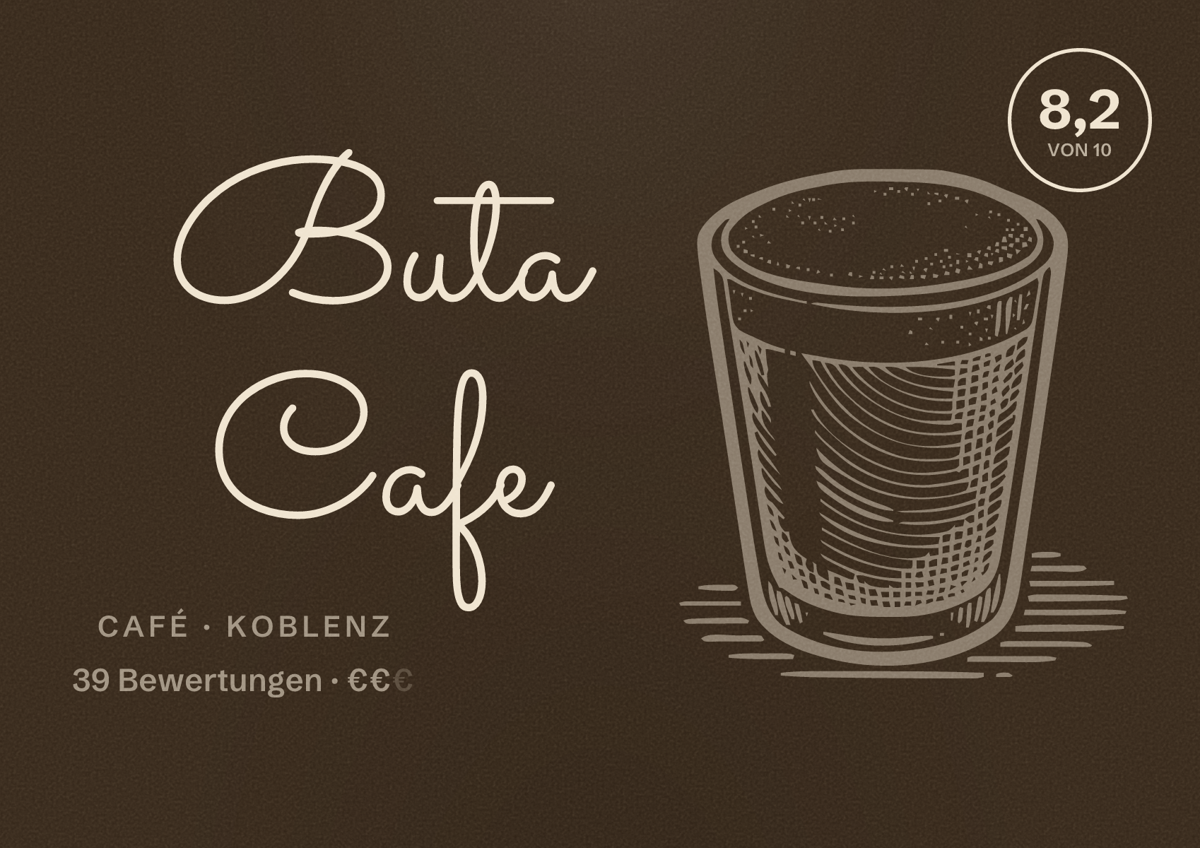Illustriertes Poster von Buta Cafe, Café in Koblenz: Bewertung 8,2 von 10 aus 39 Bewertungen, Preisniveau €€