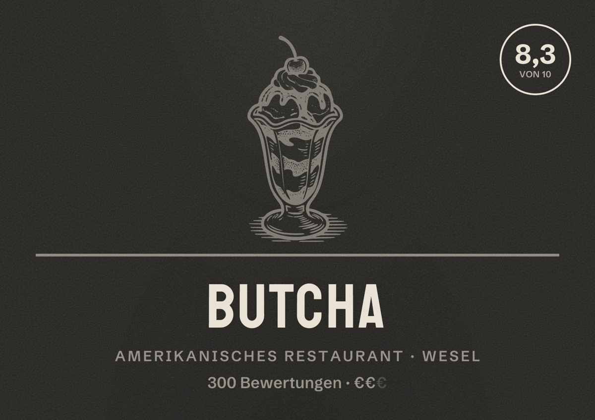 Illustriertes Poster von Butcha, Amerikanisches Restaurant in Wesel: Bewertung 8,3 von 10 aus 300 Bewertungen, Preisniveau €€