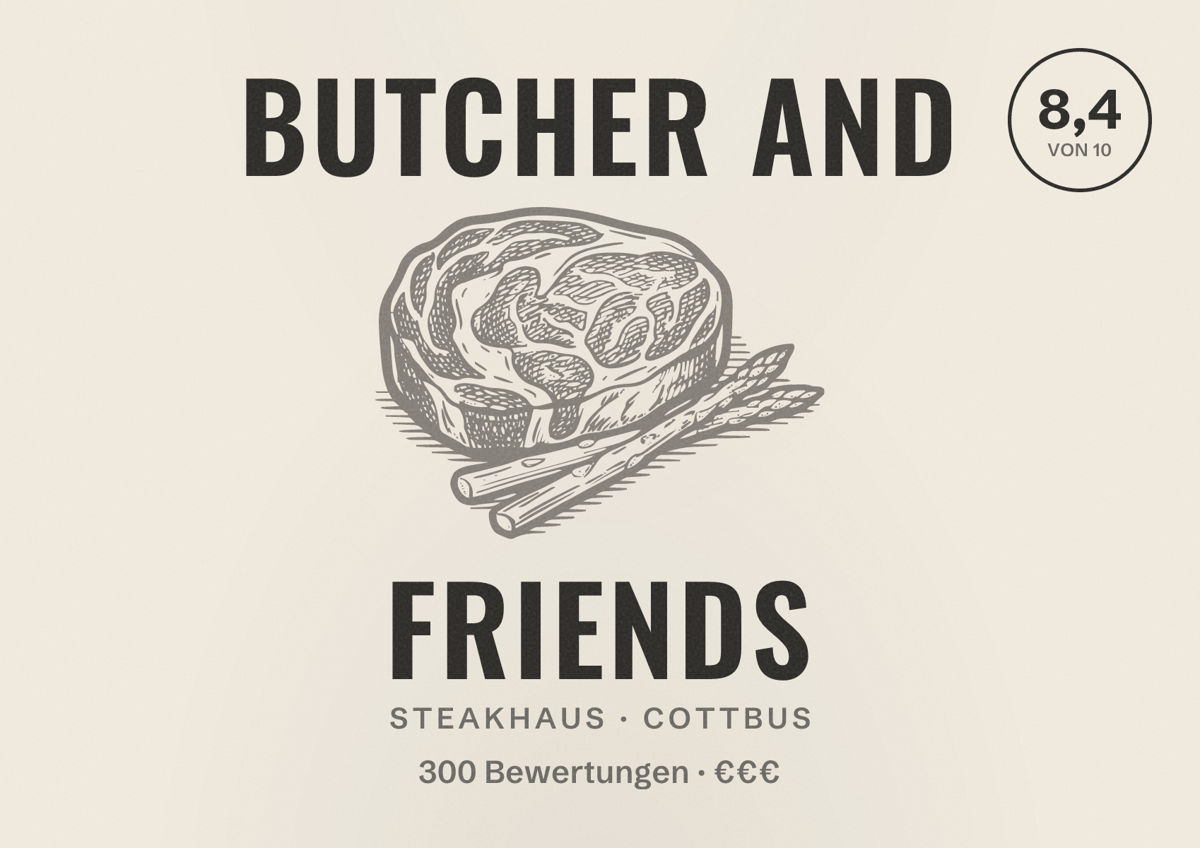 Illustriertes Poster von Butcher and Friends, Steakhaus in Cottbus: Bewertung 8,4 von 10 aus 300 Bewertungen, Preisniveau €€€