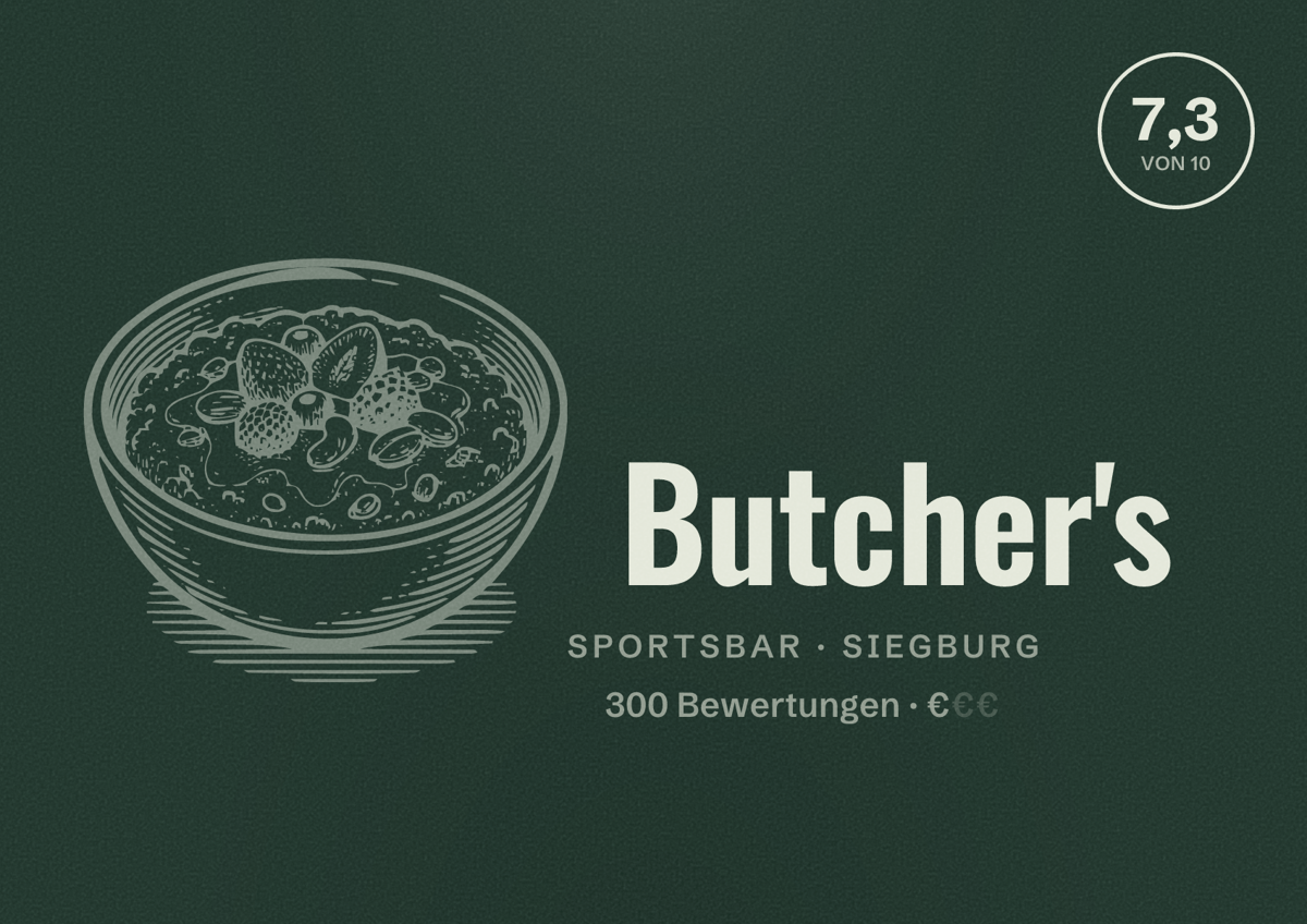 Illustriertes Poster von Butcher's, Sportsbar in Siegburg: Bewertung 7,3 von 10 aus 300 Bewertungen, Preisniveau €
