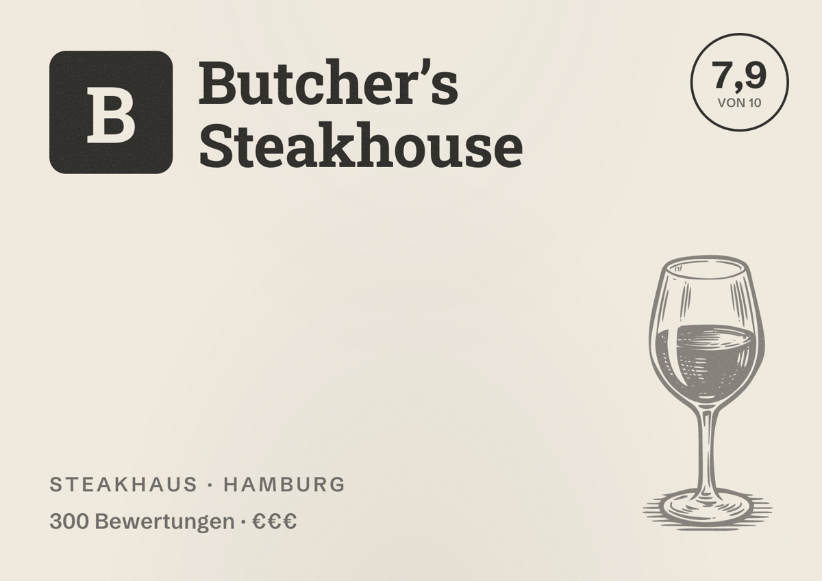 Illustriertes Poster von Butcher’s Steakhouse, Steakhaus in Hamburg: Bewertung 7,9 von 10 aus 300 Bewertungen, Preisniveau €€€