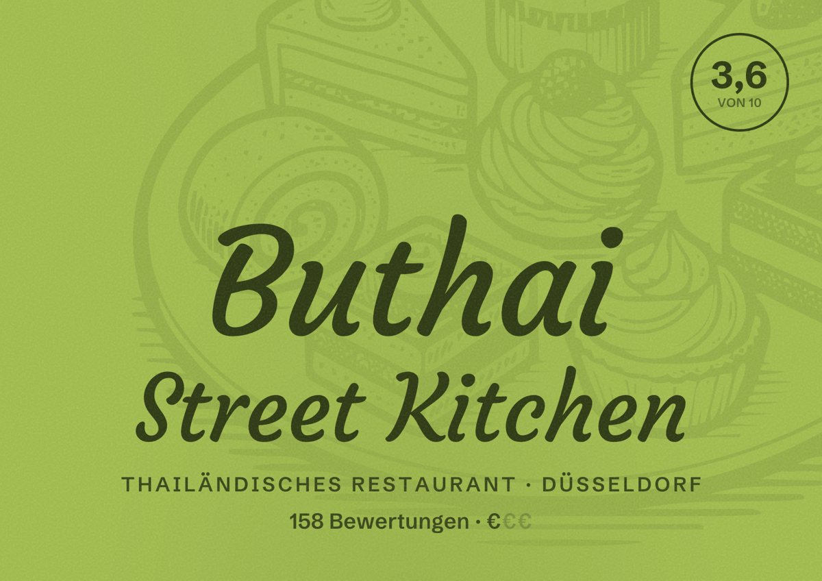 Illustriertes Poster von Buthai Street Kitchen, Thailändisches Restaurant in Düsseldorf: Bewertung 3,6 von 10 aus 158 Bewertungen, Preisniveau €
