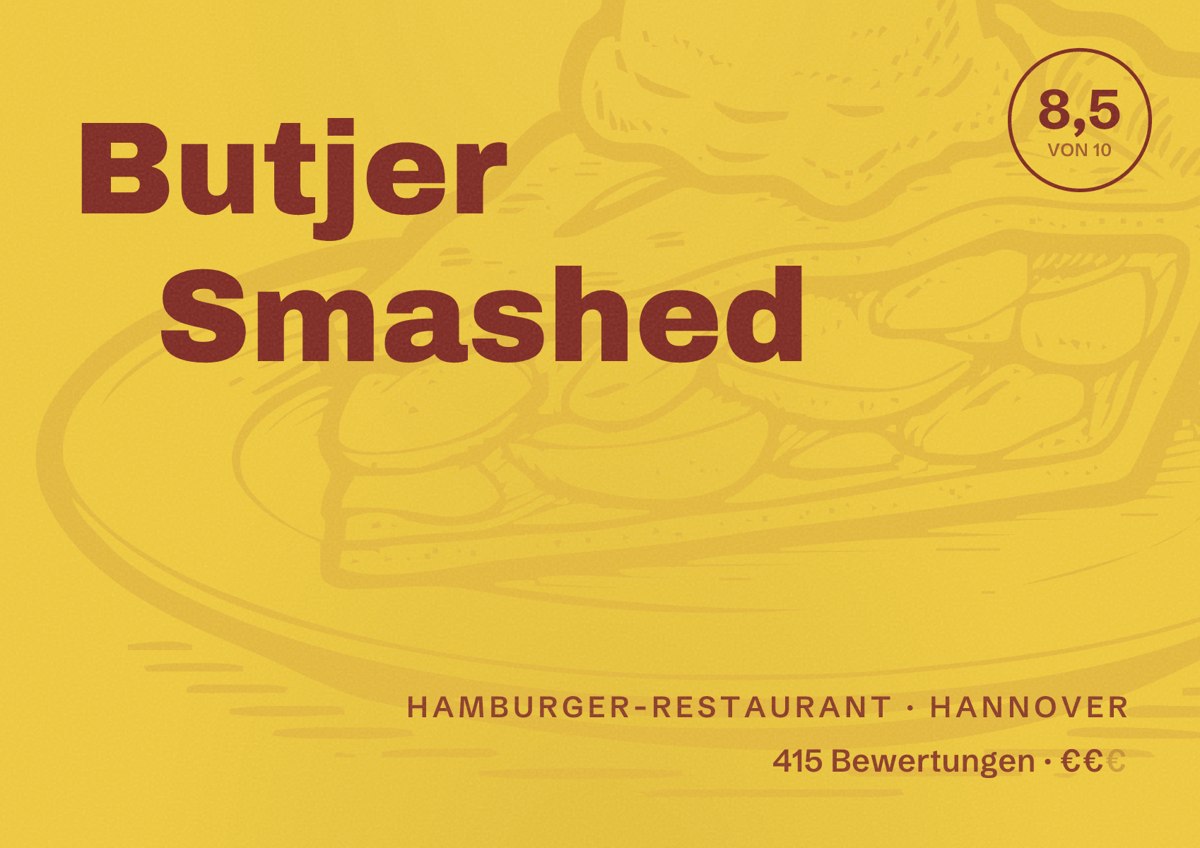 Illustriertes Poster von Butjer Smashed, Hamburger-Restaurant in Hannover: Bewertung 8,5 von 10 aus 415 Bewertungen, Preisniveau €€