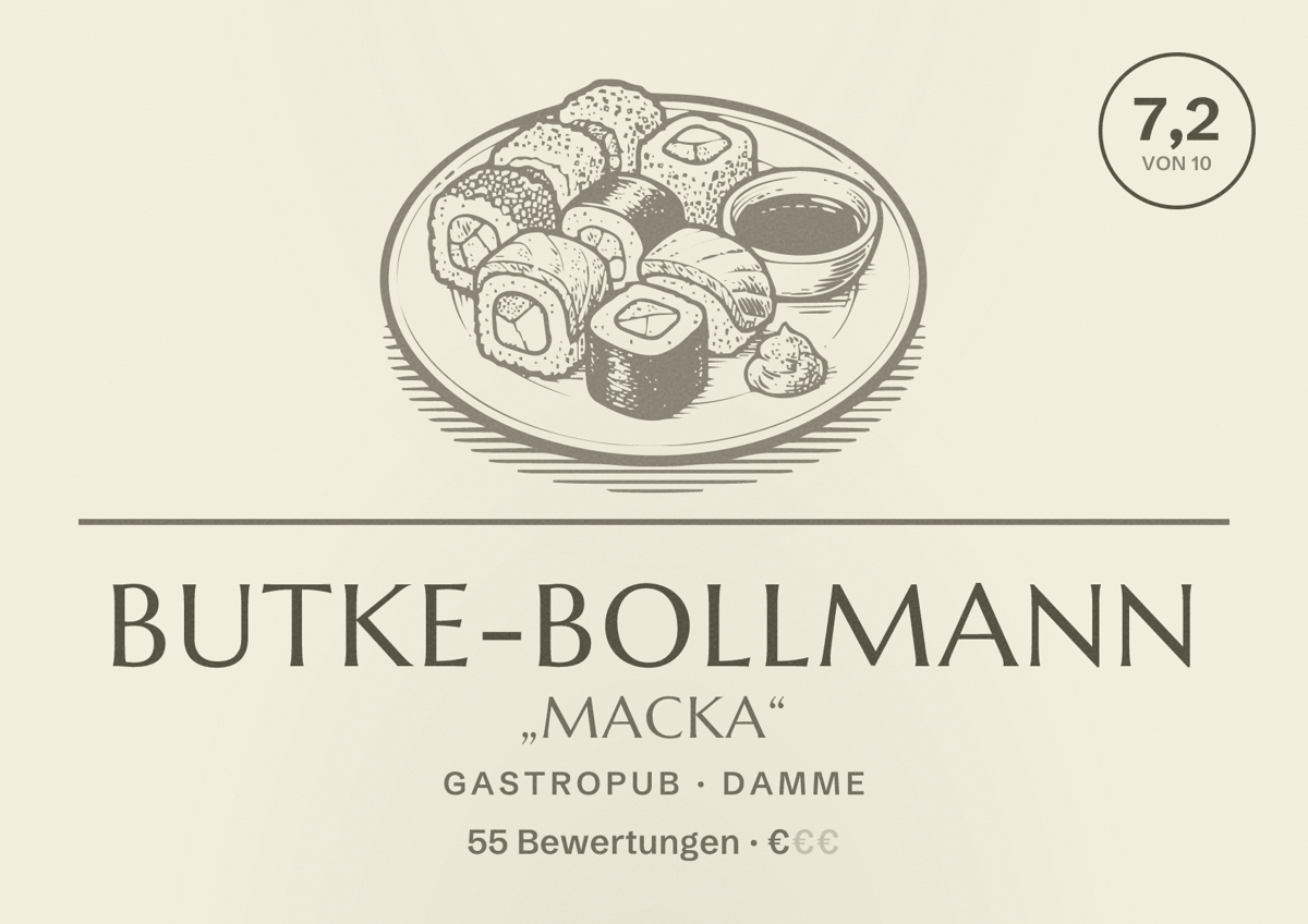 Illustriertes Poster von Butke-Bollmann „Macka“, Gastropub in Damme: Bewertung 7,2 von 10 aus 55 Bewertungen, Preisniveau €