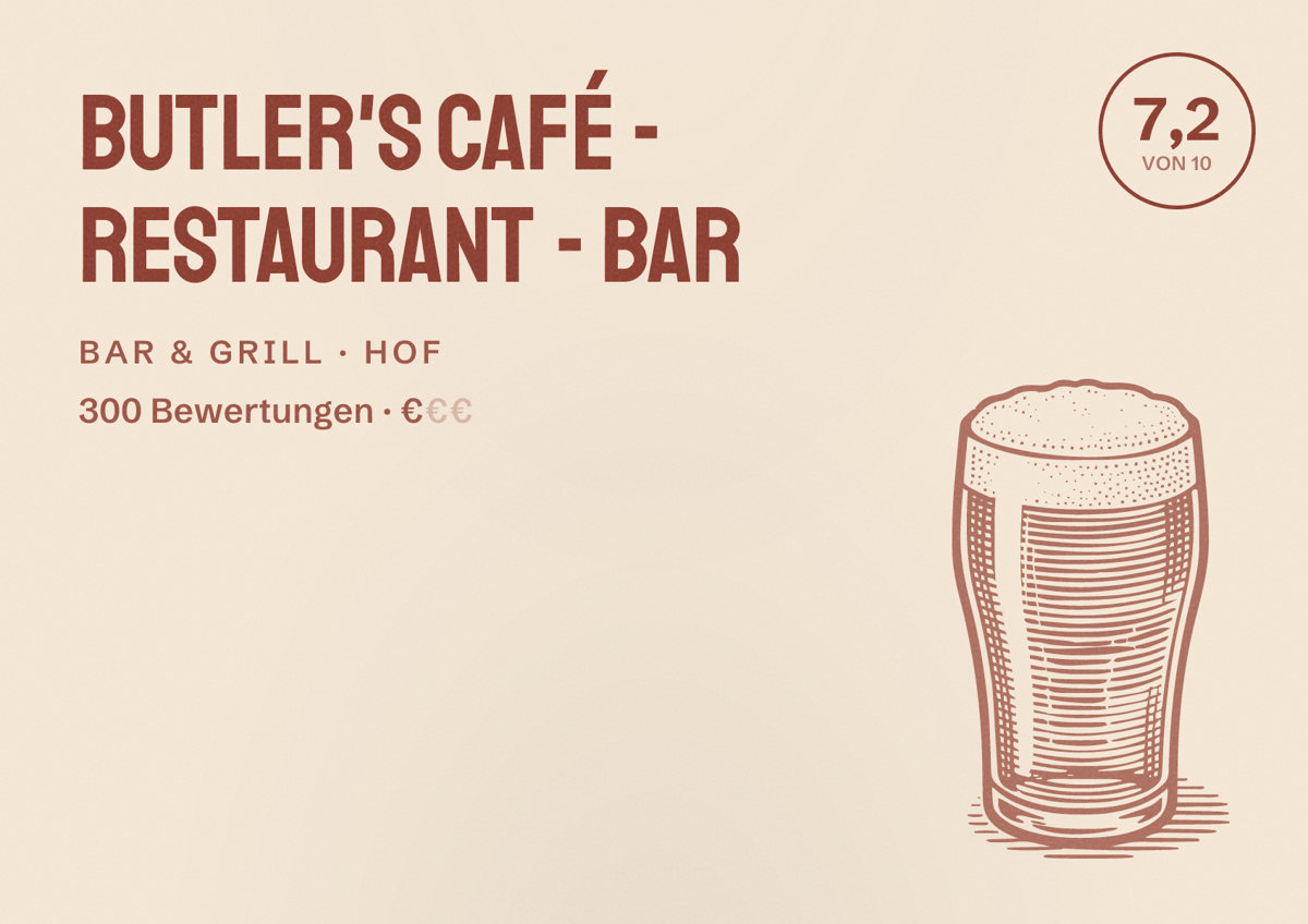 Illustriertes Poster von Butler's Café - Restaurant - Bar, Bar & Grill in Hof: Bewertung 7,2 von 10 aus 300 Bewertungen, Preisniveau €