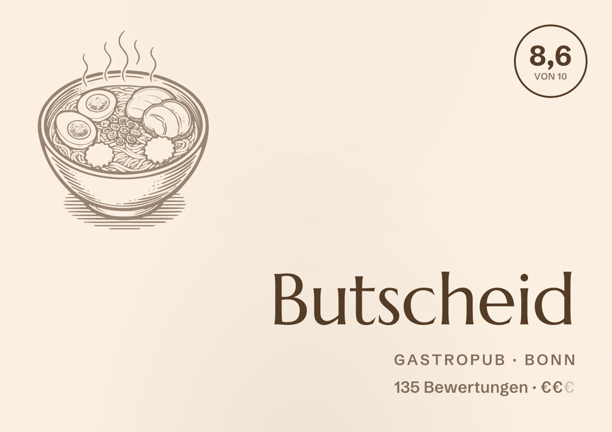 Illustriertes Poster von Butscheid, Gastropub in Bonn: Bewertung 8,6 von 10 aus 135 Bewertungen, Preisniveau €€