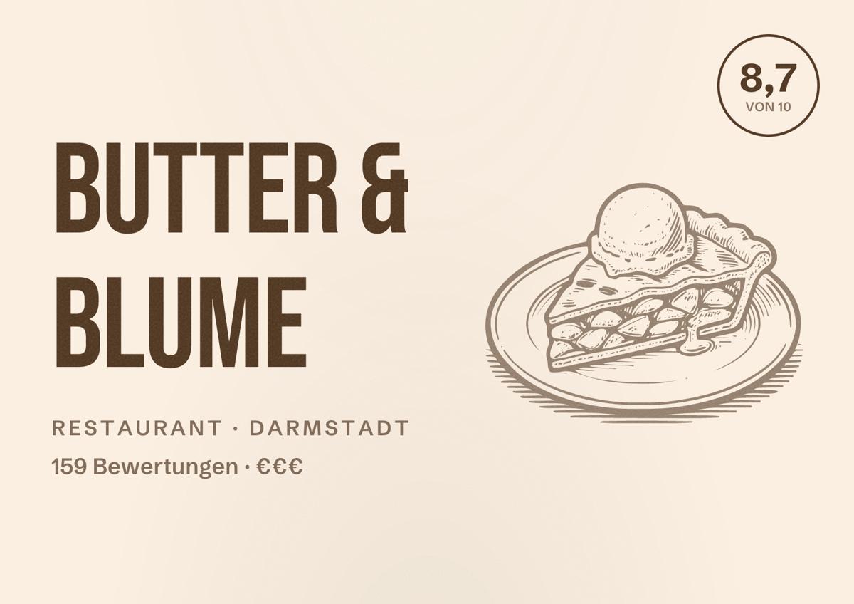 Illustriertes Poster von Butter & Blume, Restaurant in Darmstadt: Bewertung 8,7 von 10 aus 159 Bewertungen, Preisniveau €€€
