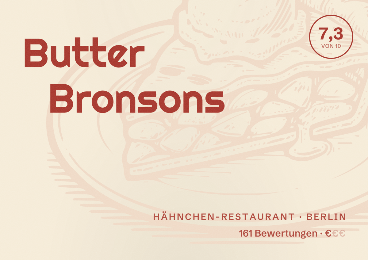 Illustriertes Poster von Butter Bronsons, Hähnchen-Restaurant in Berlin: Bewertung 7,3 von 10 aus 161 Bewertungen, Preisniveau €