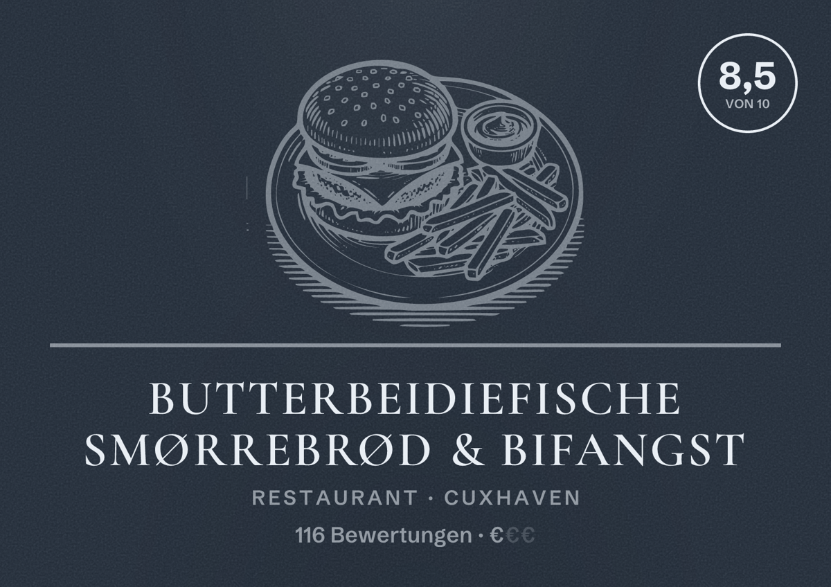 Illustriertes Poster von ButterBeiDieFische smørrebrød & bifangst, Restaurant in Cuxhaven: Bewertung 8,5 von 10 aus 116 Bewertungen, Preisniveau €