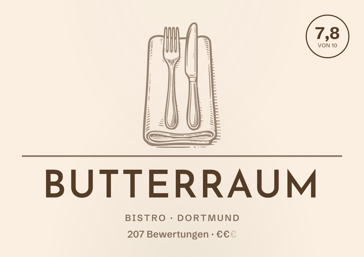 Illustriertes Poster von ButterRaum, Bistro in Dortmund: Bewertung 7,8 von 10 aus 207 Bewertungen, Preisniveau €€