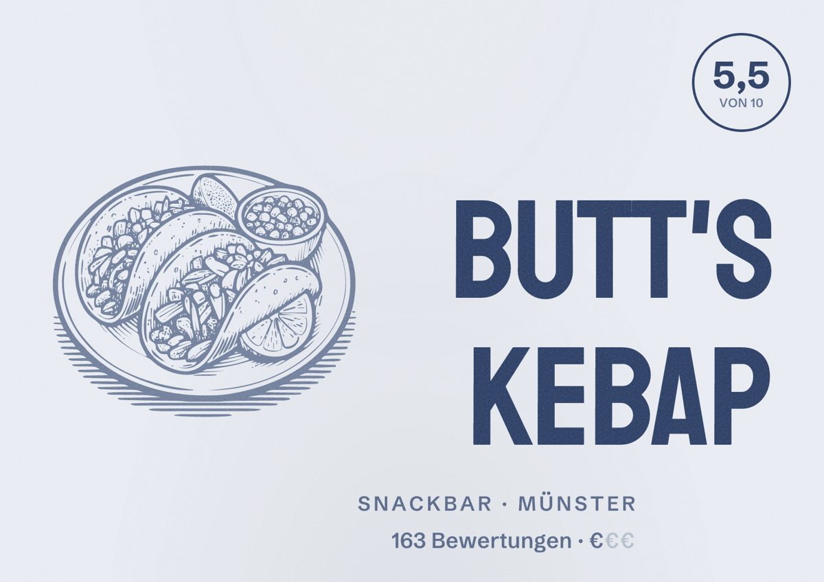 Illustriertes Poster von BUTT'S KEBAP, Snackbar in Münster: Bewertung 5,5 von 10 aus 163 Bewertungen, Preisniveau €