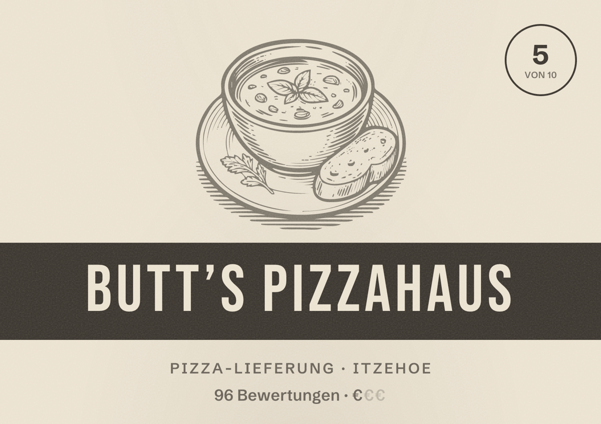Illustriertes Poster von Butt’s Pizzahaus, Pizza-Lieferung in Itzehoe: Bewertung 5 von 10 aus 96 Bewertungen, Preisniveau €