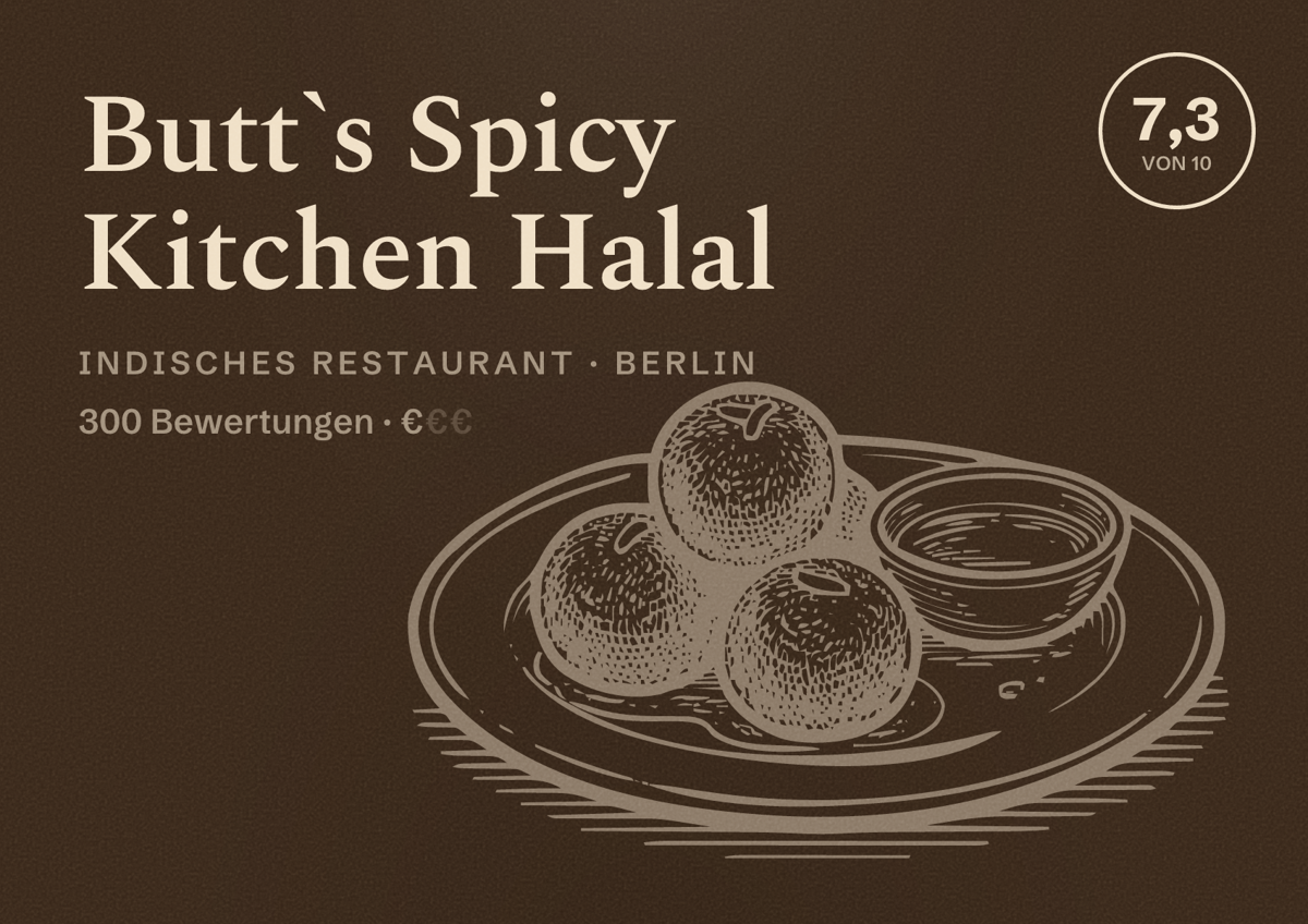 Illustriertes Poster von Butt`s Spicy Kitchen Halal, Indisches Restaurant in Berlin: Bewertung 7,3 von 10 aus 300 Bewertungen, Preisniveau €