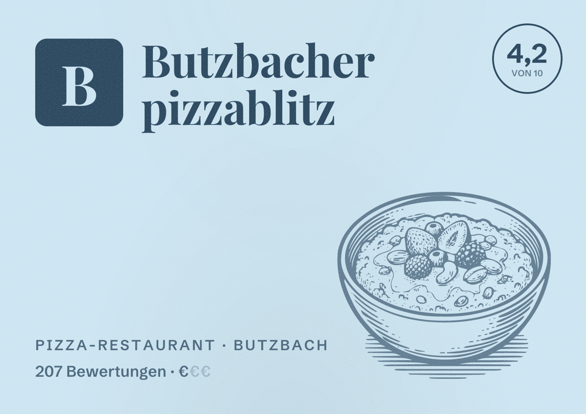 Illustriertes Poster von Butzbacher pizzablitz, Pizza-Restaurant in Butzbach: Bewertung 4,2 von 10 aus 207 Bewertungen, Preisniveau €