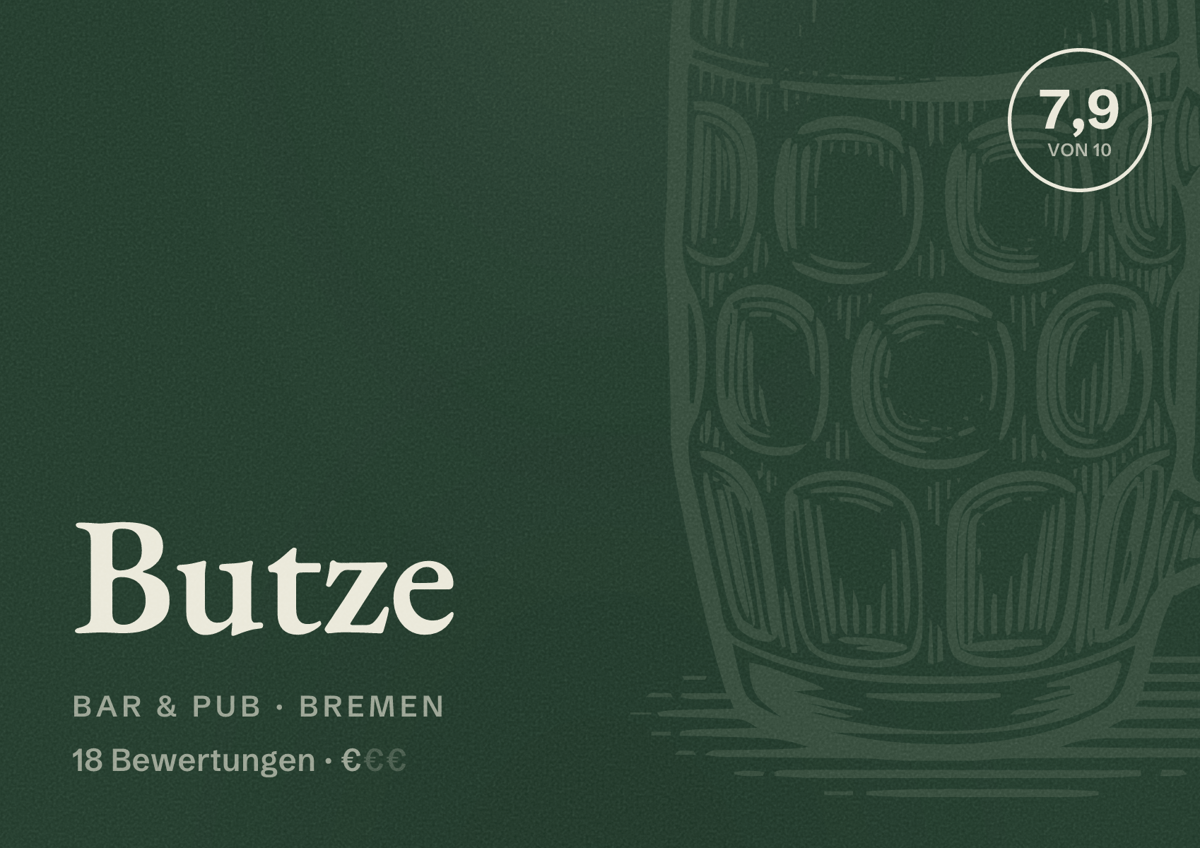 Illustriertes Poster von Butze, Bar & Pub in Bremen: Bewertung 7,9 von 10 aus 18 Bewertungen, Preisniveau €