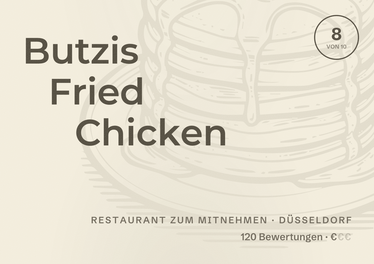 Illustriertes Poster von Butzis Fried Chicken, Restaurant zum Mitnehmen in Düsseldorf: Bewertung 8,0 von 10 aus 120 Bewertungen, Preisniveau €