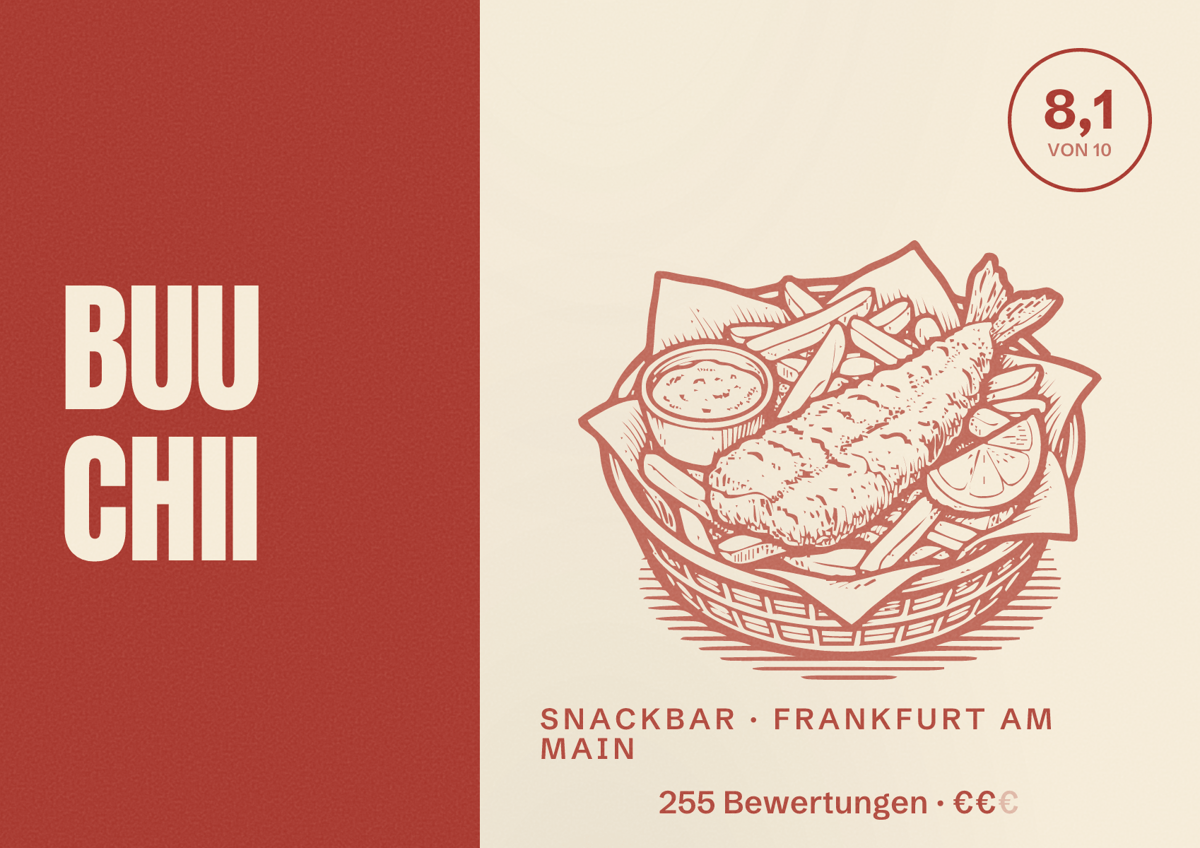 Illustriertes Poster von BUU CHII, Snackbar in Frankfurt am Main: Bewertung 8,1 von 10 aus 255 Bewertungen, Preisniveau €€