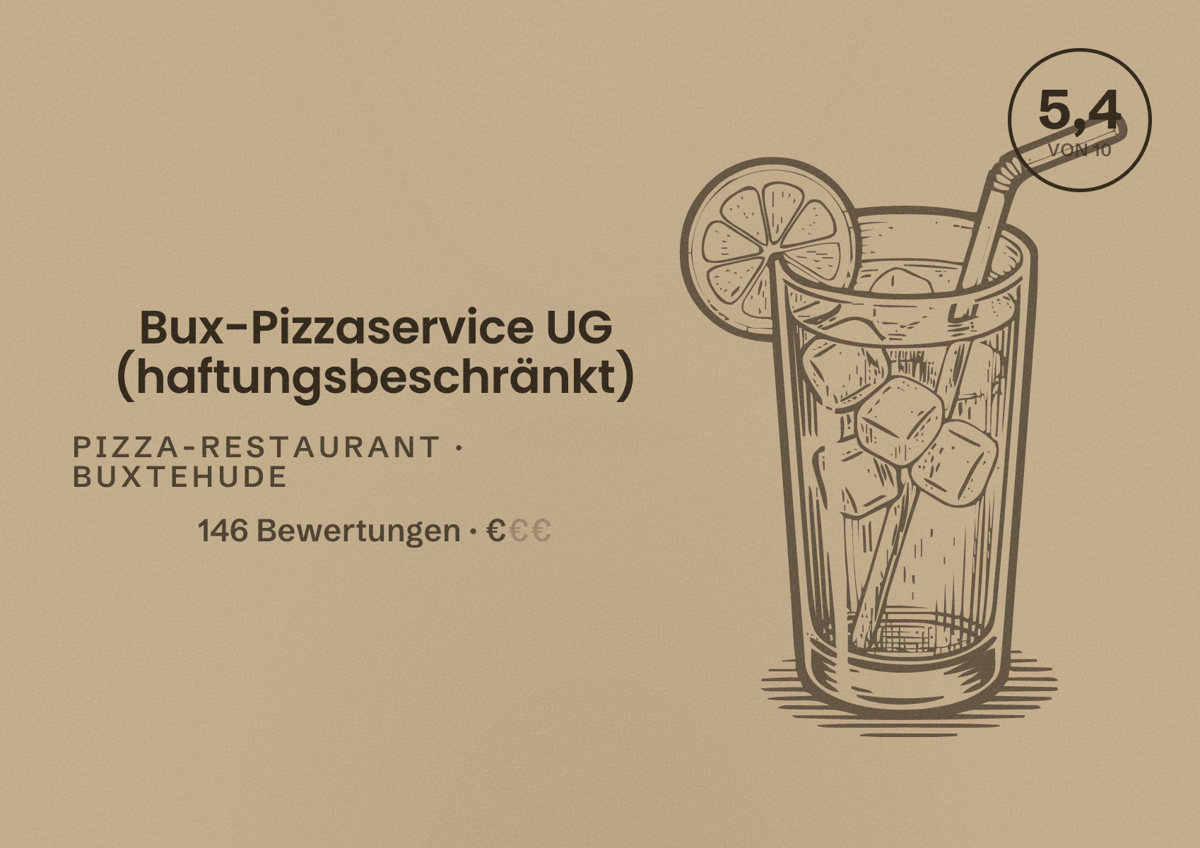 Illustriertes Poster von Bux-Pizzaservice UG (haftungsbeschränkt), Pizza-Restaurant in Buxtehude: Bewertung 5,4 von 10 aus 146 Bewertungen, Preisniveau €