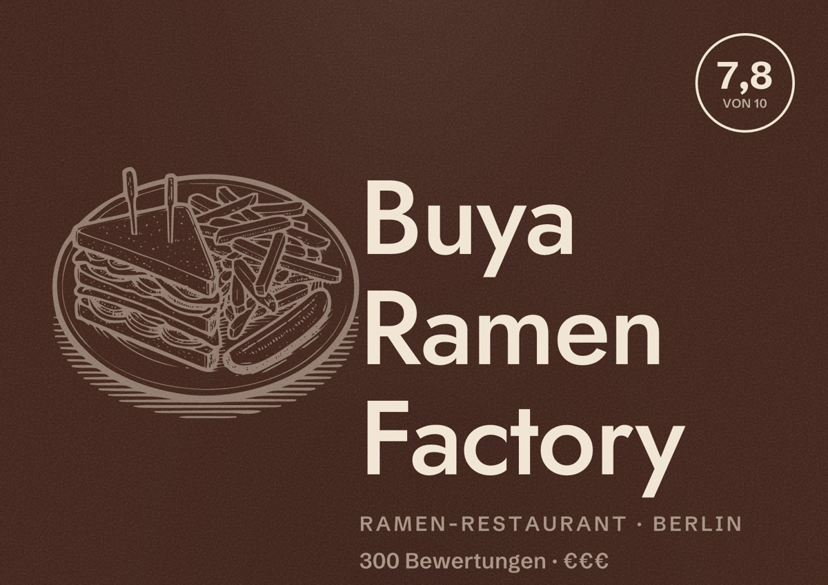 Illustriertes Poster von Buya Ramen Factory, Ramen-Restaurant in Berlin: Bewertung 7,8 von 10 aus 300 Bewertungen, Preisniveau €€€