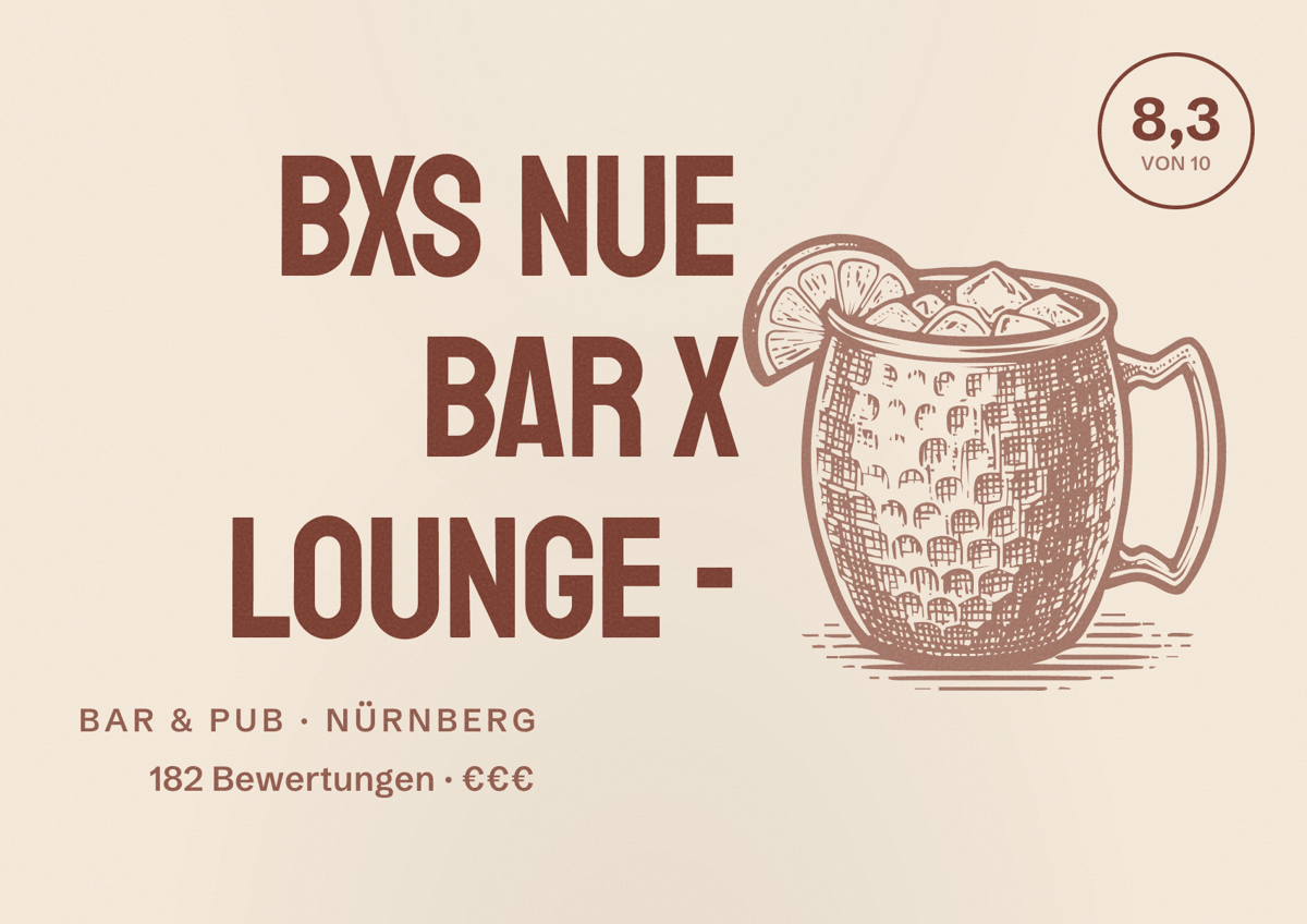 Illustriertes Poster von bXs NUE Bar x Lounge -, Bar & Pub in Nürnberg: Bewertung 8,3 von 10 aus 182 Bewertungen, Preisniveau €€€