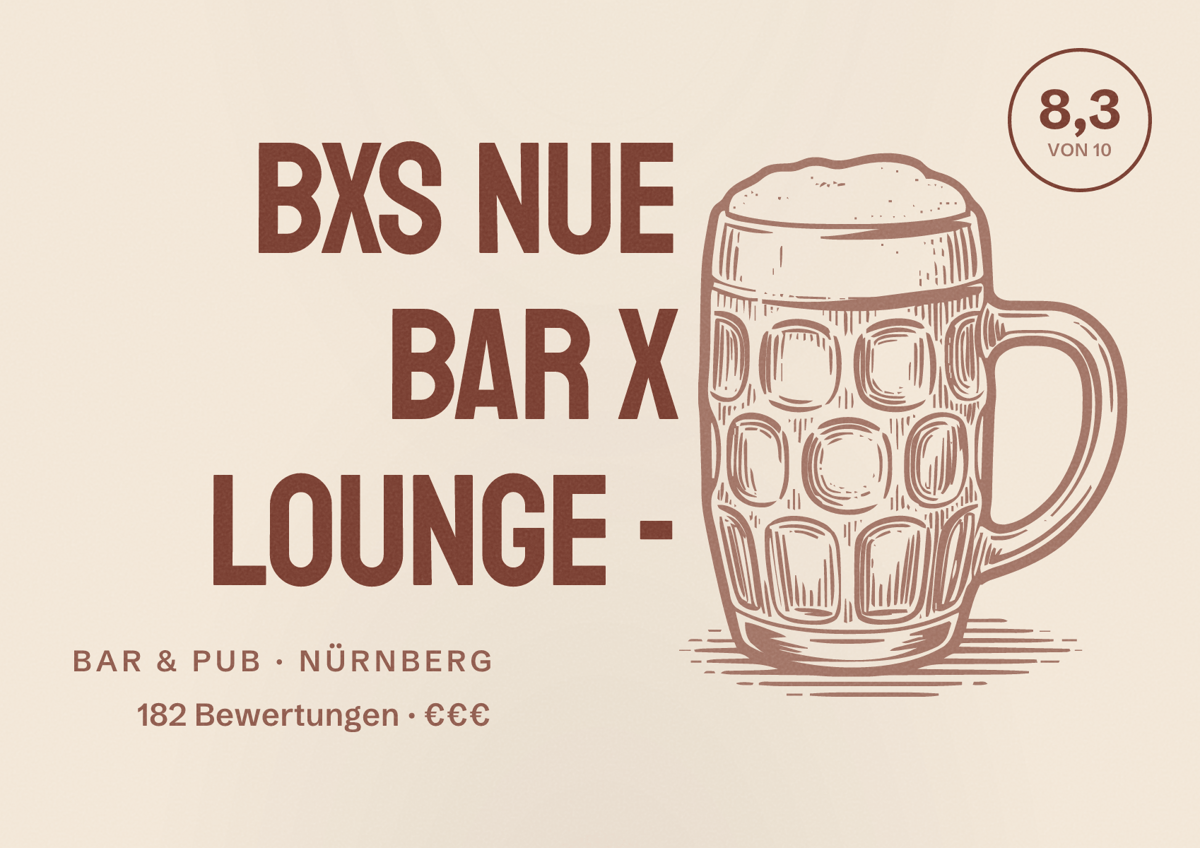 Illustriertes Poster von bXs NUE Bar x Lounge -, Bar & Pub in Nürnberg: Bewertung 8,3 von 10 aus 182 Bewertungen, Preisniveau €€€