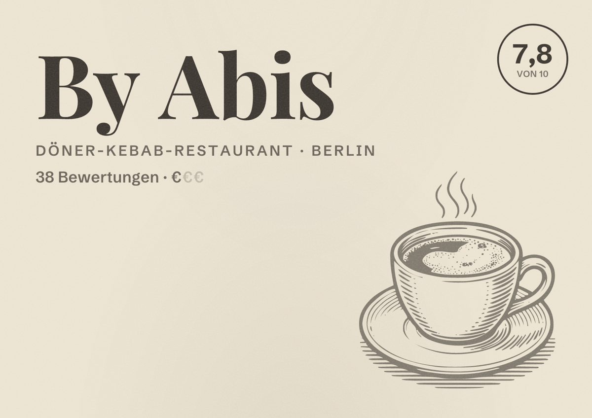 Illustriertes Poster von By Abis, Döner-Kebab-Restaurant in Berlin: Bewertung 7,8 von 10 aus 38 Bewertungen, Preisniveau €
