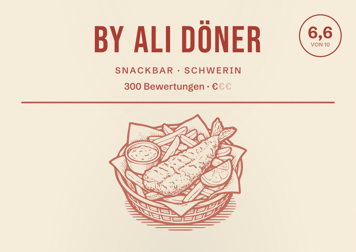Illustriertes Poster von By Ali Döner, Snackbar in Schwerin: Bewertung 6,6 von 10 aus 300 Bewertungen, Preisniveau €