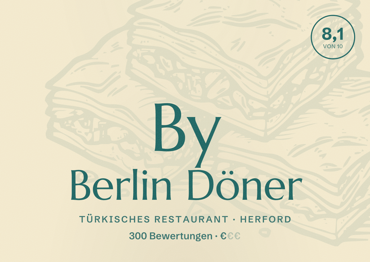 Illustriertes Poster von By Berlin Döner, Türkisches Restaurant in Herford: Bewertung 8,1 von 10 aus 300 Bewertungen, Preisniveau €