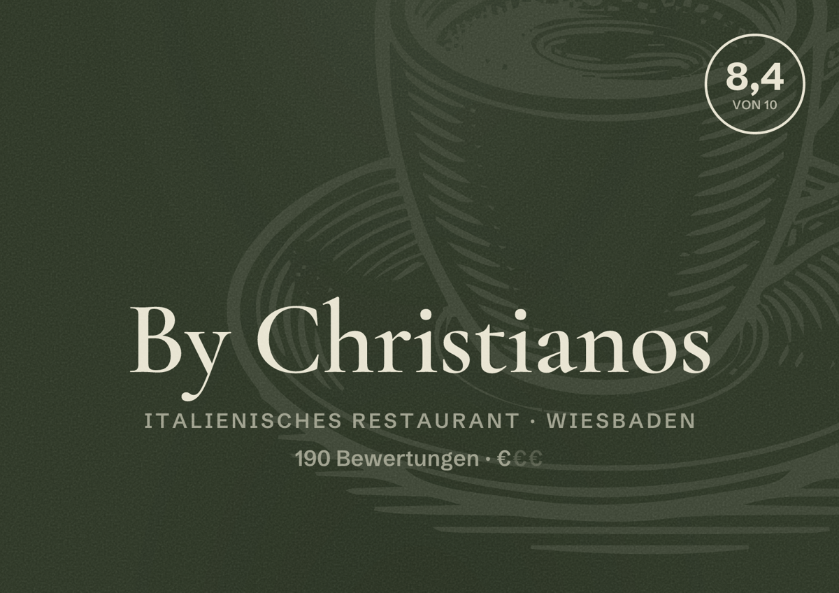 Illustriertes Poster von By Christianos, Italienisches Restaurant in Wiesbaden: Bewertung 8,4 von 10 aus 190 Bewertungen, Preisniveau €
