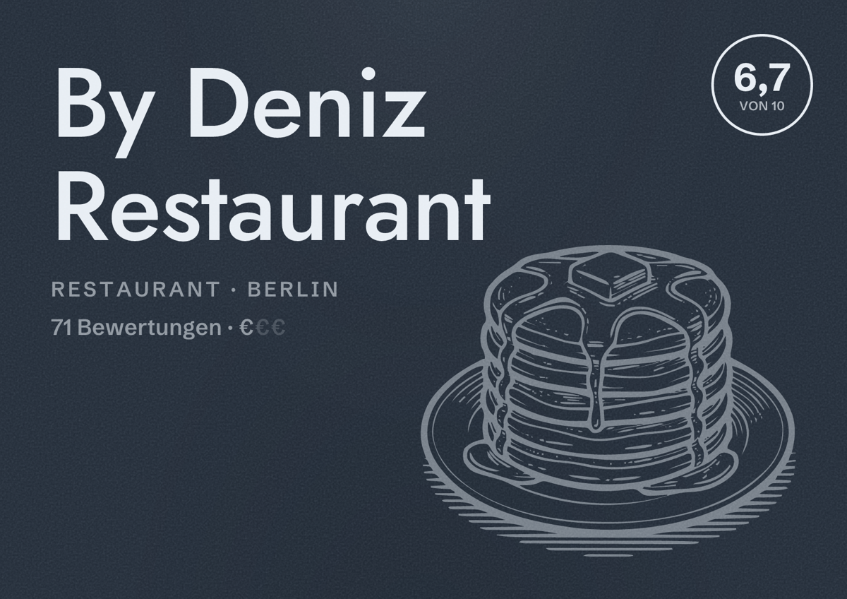 Illustriertes Poster von By Deniz Restaurant, Restaurant in Berlin: Bewertung 6,7 von 10 aus 71 Bewertungen, Preisniveau €