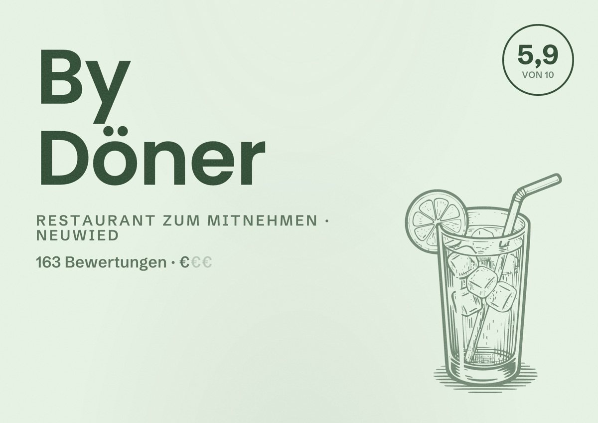 Illustriertes Poster von By Döner, Restaurant zum Mitnehmen in Neuwied: Bewertung 5,9 von 10 aus 163 Bewertungen, Preisniveau €