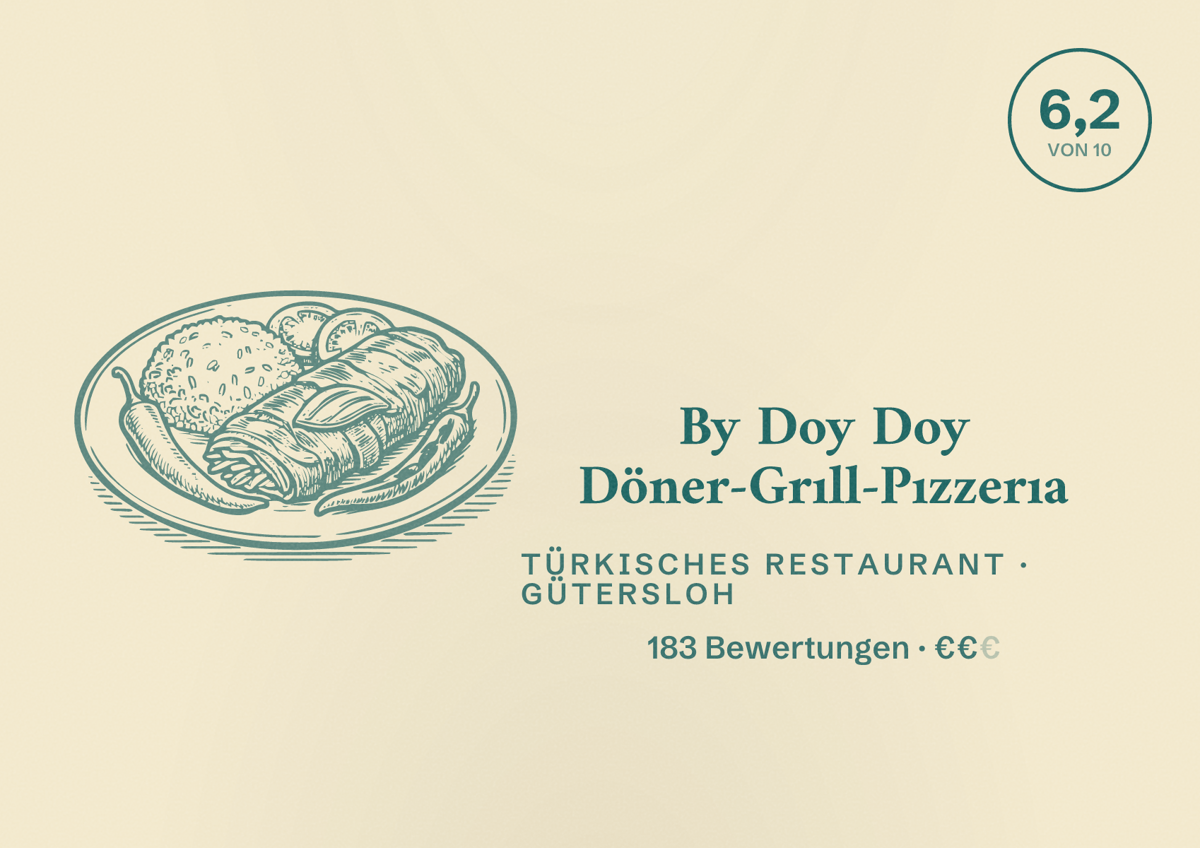 Illustriertes Poster von By Doy Doy Döner-Grıll-Pızzerıa, Türkisches Restaurant in Gütersloh: Bewertung 6,2 von 10 aus 183 Bewertungen, Preisniveau €€