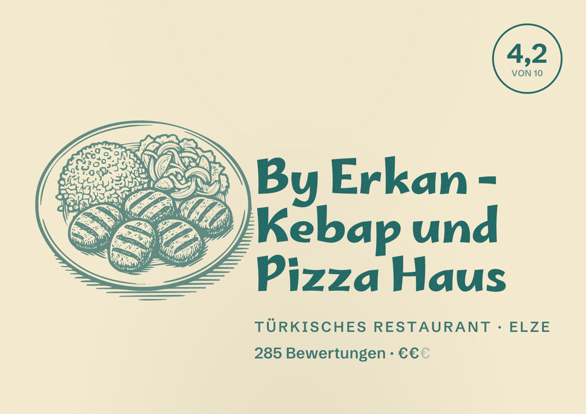 Illustriertes Poster von By Erkan - Kebap und Pizza Haus, Türkisches Restaurant in Elze: Bewertung 4,2 von 10 aus 285 Bewertungen, Preisniveau €€