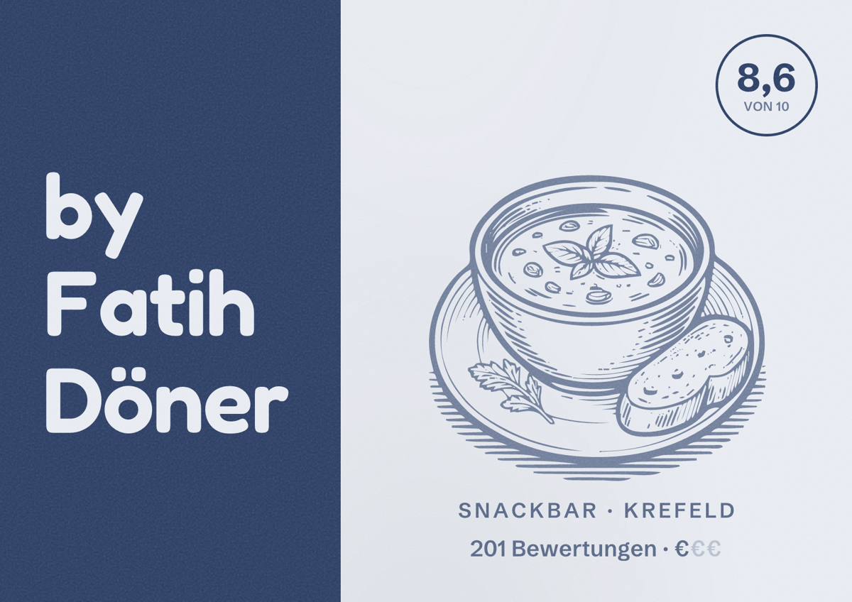 Illustriertes Poster von by Fatih Döner, Snackbar in Krefeld: Gästebewertung 8,6 von 10 aus 201 Bewertungen