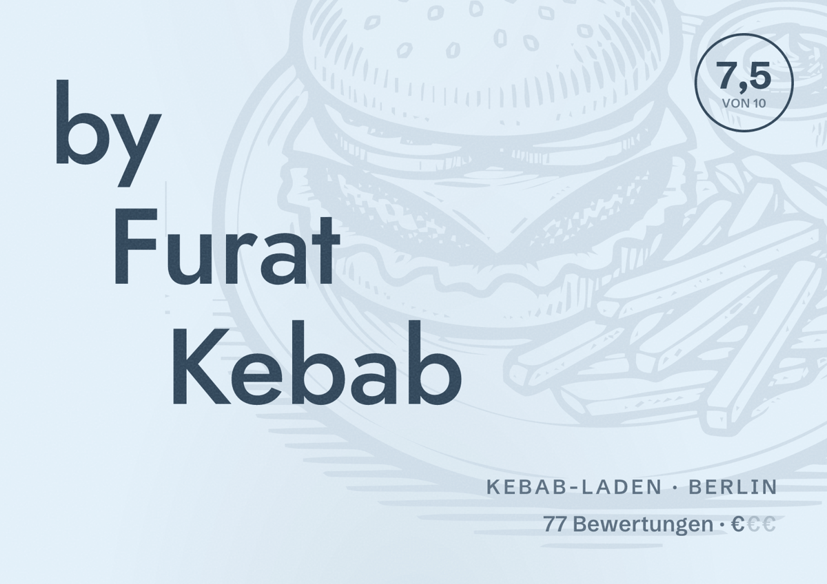 Illustriertes Poster von by Furat Kebab, Kebab-Laden in Berlin: Bewertung 7,5 von 10 aus 77 Bewertungen, Preisniveau €