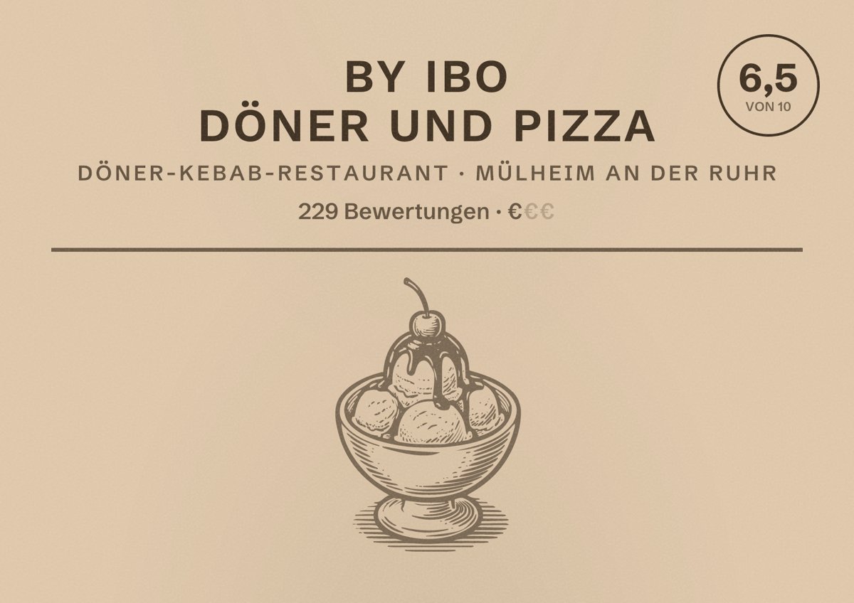 Illustriertes Poster von By IBO Döner und Pizza, Döner-Kebab-Restaurant in Mülheim an der Ruhr: Bewertung 6,5 von 10 aus 229 Bewertungen, Preisniveau €