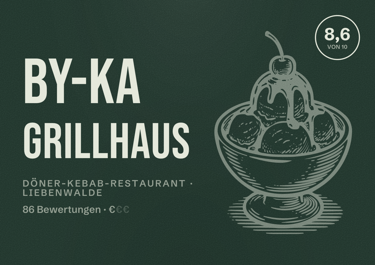 Illustriertes Poster von BY-KA GRILLHAUS, Döner-Kebab-Restaurant in Liebenwalde: Bewertung 8,6 von 10 aus 86 Bewertungen, Preisniveau €