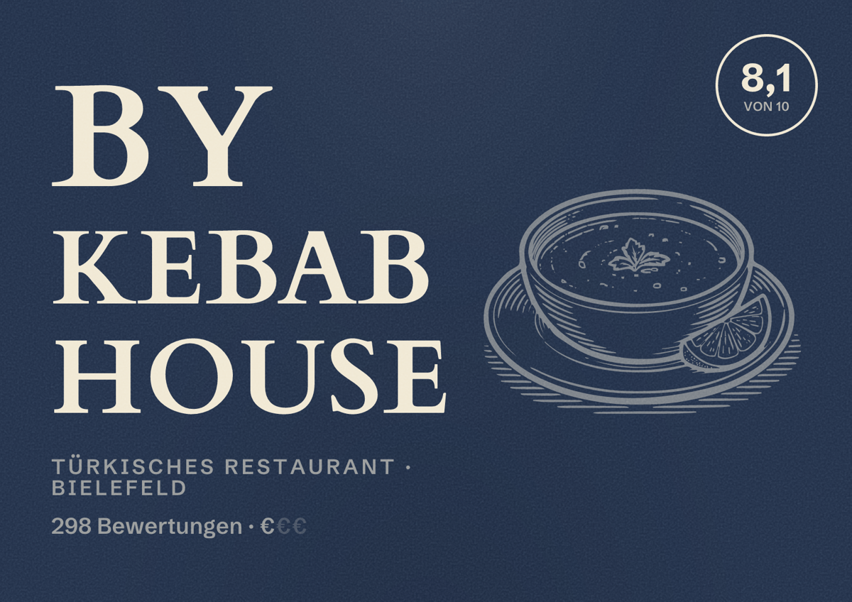 Illustriertes Poster von BY KEBAB HOUSE, Türkisches Restaurant in Bielefeld: Bewertung 8,1 von 10 aus 298 Bewertungen, Preisniveau €