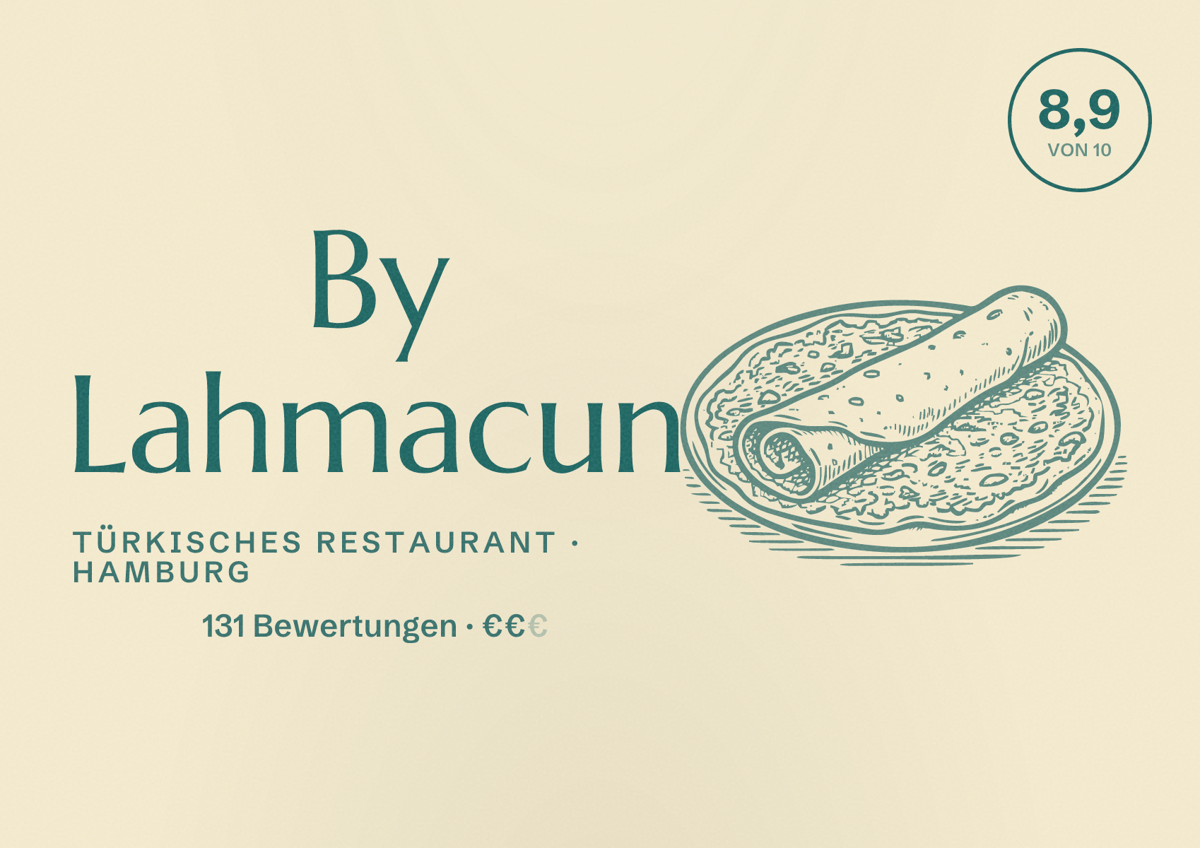 Illustriertes Poster von By Lahmacun, Türkisches Restaurant in Hamburg: Bewertung 8,9 von 10 aus 131 Bewertungen, Preisniveau €€