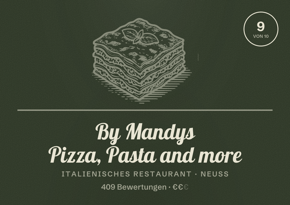 Illustriertes Poster von By Mandys Pizza, Pasta and more, Italienisches Restaurant in Neuss: Bewertung 9,0 von 10 aus 409 Bewertungen, Preisniveau €€