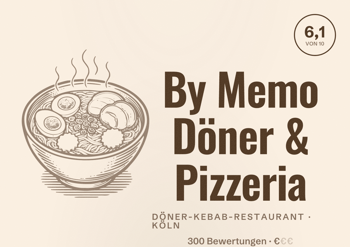 Illustriertes Poster von By Memo Döner & Pizzeria, Döner-Kebab-Restaurant in Köln: Bewertung 6,1 von 10 aus 300 Bewertungen, Preisniveau €