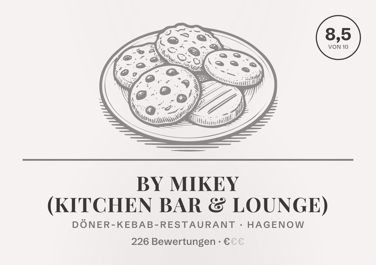 Illustriertes Poster von By Mikey (Kitchen Bar & Lounge), Döner-Kebab-Restaurant in Hagenow: Bewertung 8,5 von 10 aus 226 Bewertungen, Preisniveau €