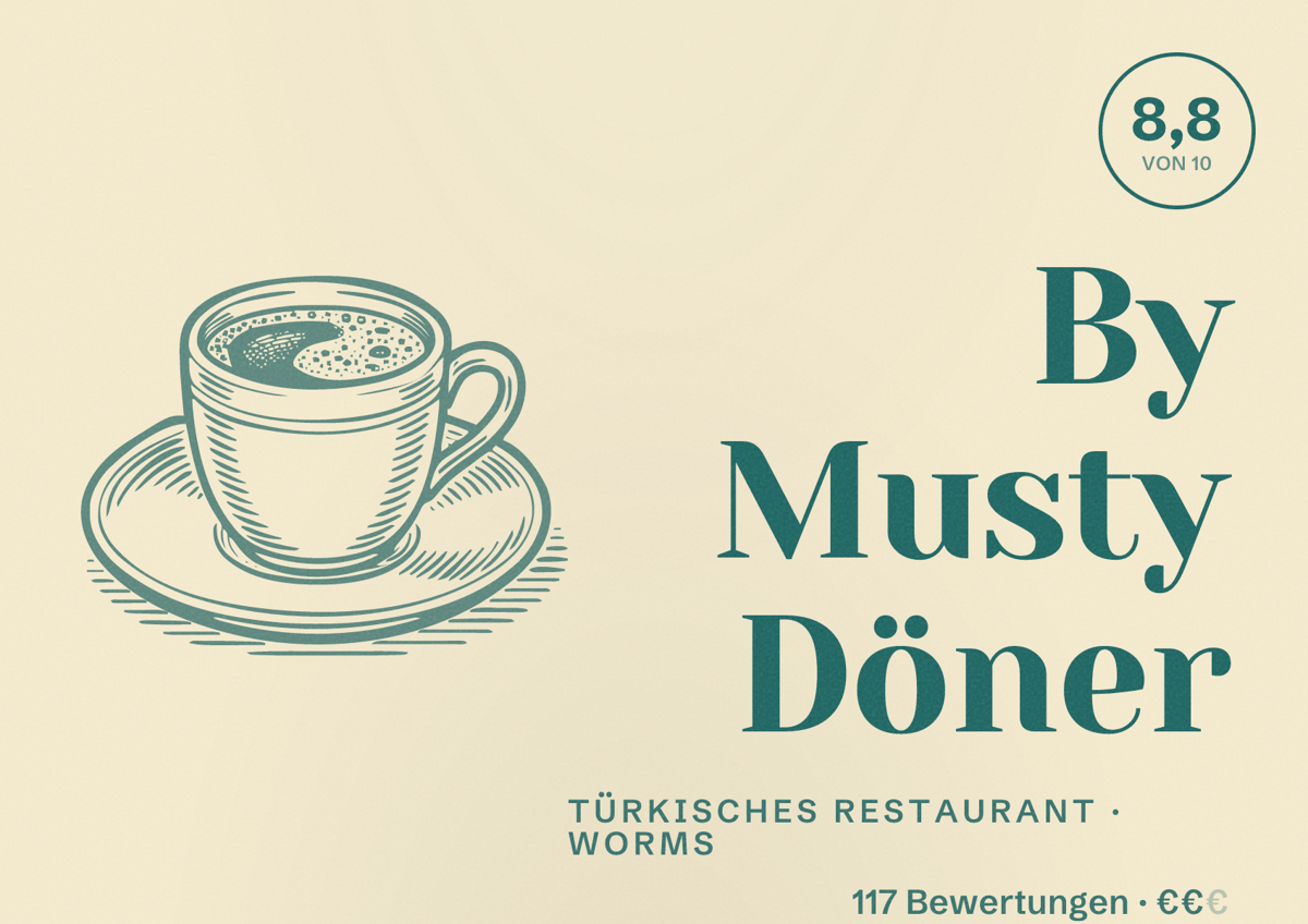 Illustriertes Poster von By Musty Döner, Türkisches Restaurant in Worms: Bewertung 8,8 von 10 aus 117 Bewertungen, Preisniveau €€