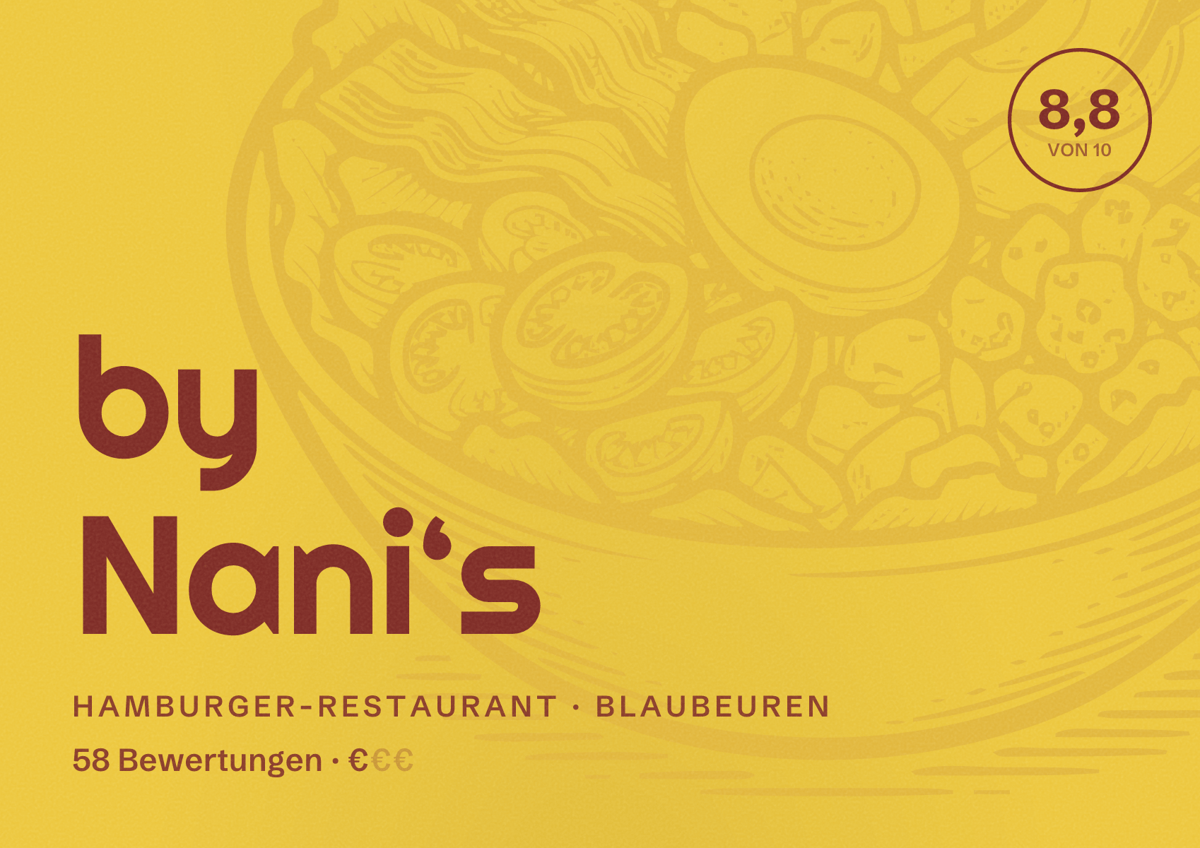 Illustriertes Poster von by Nani‘s, Hamburger-Restaurant in Blaubeuren: Bewertung 8,8 von 10 aus 58 Bewertungen, Preisniveau €
