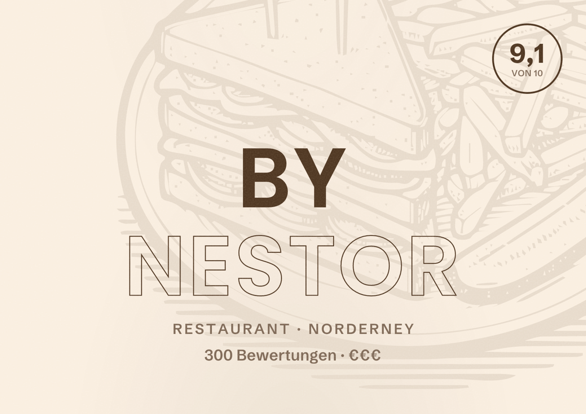 Illustriertes Poster von By Nestor, Restaurant in Norderney: Bewertung 9,1 von 10 aus 300 Bewertungen, Preisniveau €€€