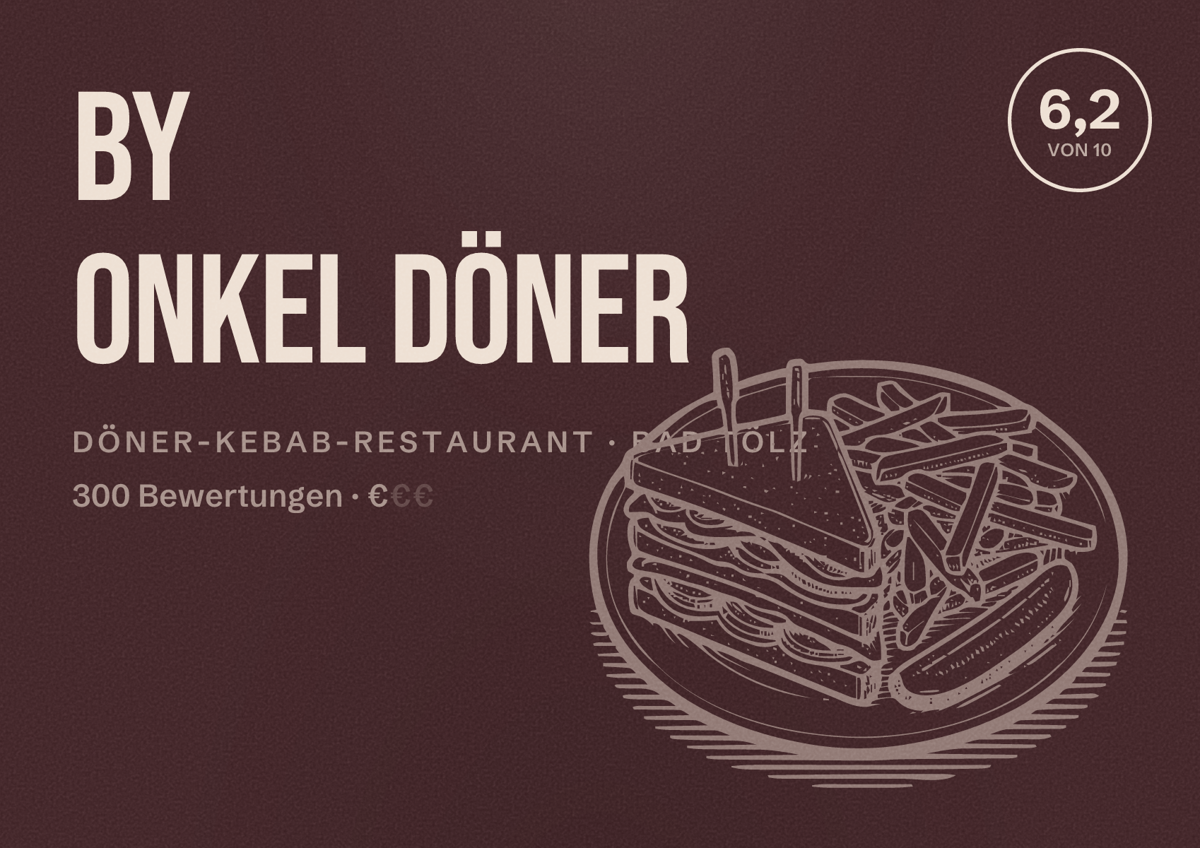 Illustriertes Poster von by Onkel Döner, Döner-Kebab-Restaurant in Bad Tölz: Bewertung 6,2 von 10 aus 300 Bewertungen, Preisniveau €