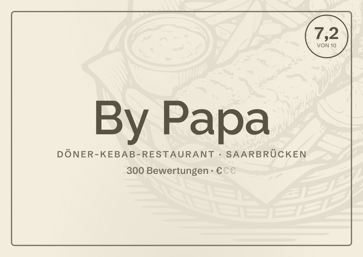 Illustriertes Poster von By Papa, Döner-Kebab-Restaurant in Saarbrücken: Bewertung 7,2 von 10 aus 300 Bewertungen, Preisniveau €
