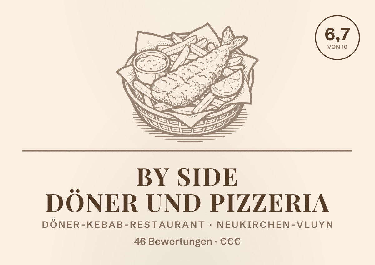 Illustriertes Poster von By Side Döner und Pizzeria, Döner-Kebab-Restaurant in Neukirchen-Vluyn: Bewertung 6,7 von 10 aus 46 Bewertungen, Preisniveau €€€
