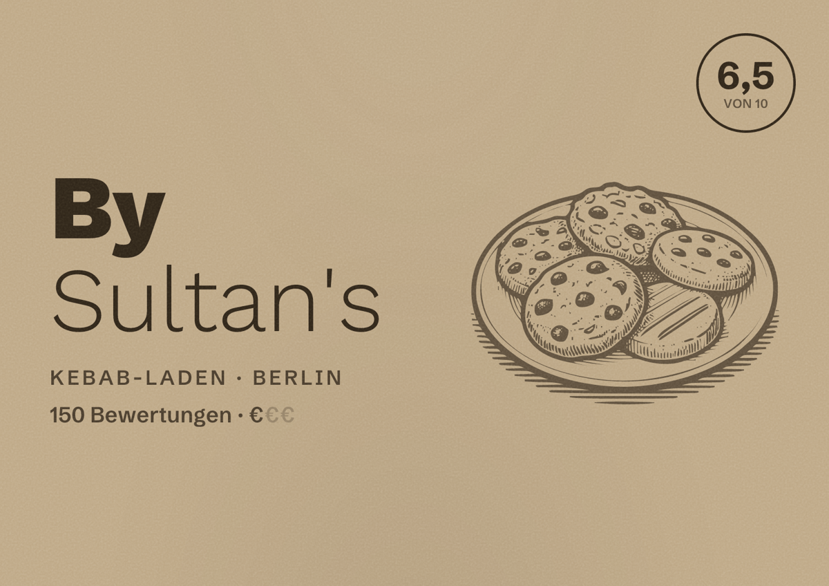 Illustriertes Poster von By Sultan's, Kebab-Laden in Berlin: Bewertung 6,5 von 10 aus 150 Bewertungen, Preisniveau €
