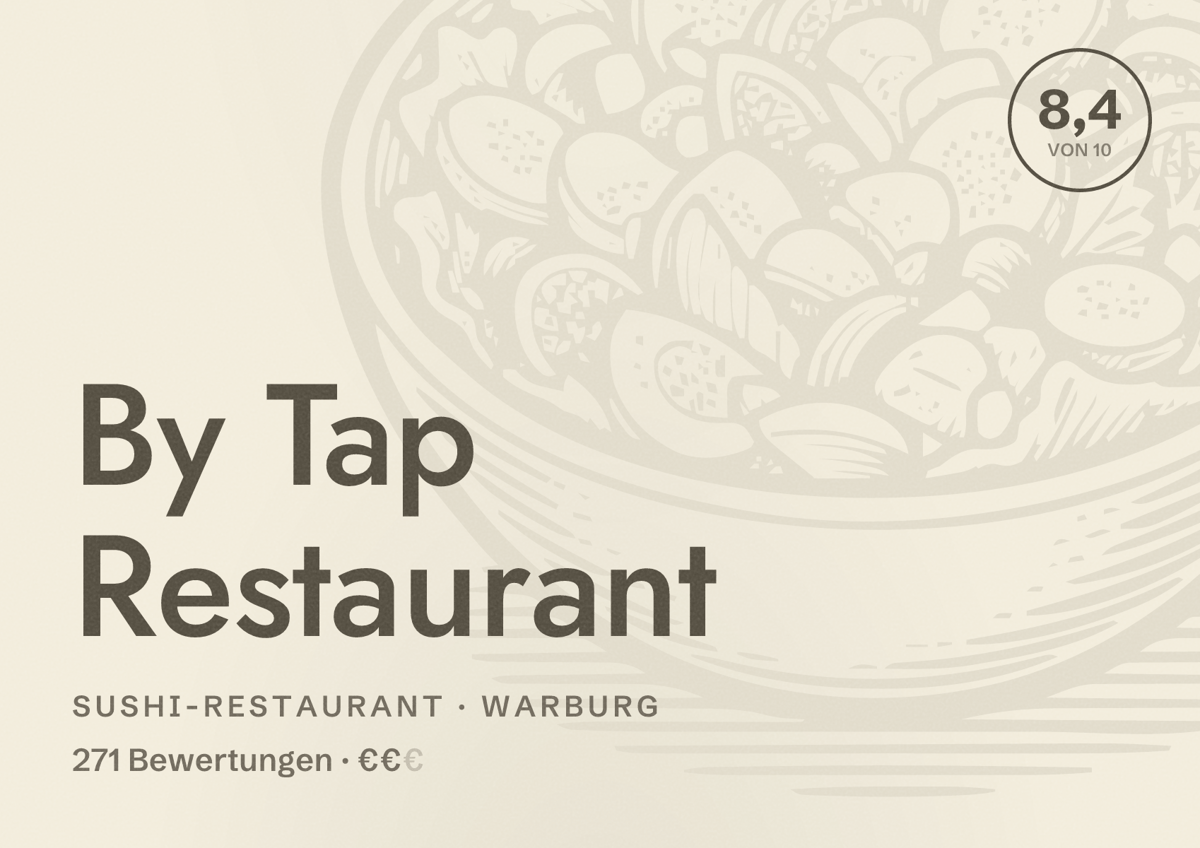 Illustriertes Poster von By Tap Restaurant, Sushi-Restaurant in Warburg: Bewertung 8,4 von 10 aus 271 Bewertungen, Preisniveau €€